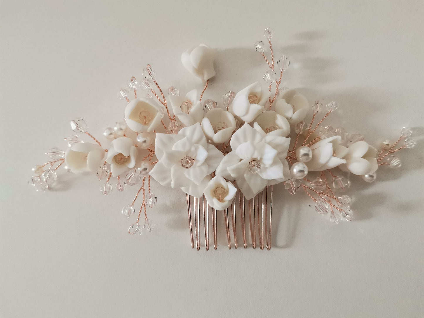 weise Blüten Zirkona Haarkamm Hochzeits Haarschmuck rosegold Braut Haarkamm weise Blumen