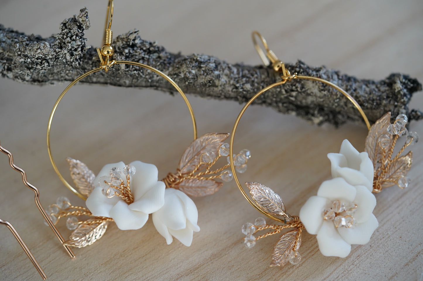 Blumen Creolen Gold, Braut Ohrringe Boho Style, Handmade Blumen Creolen , Geschenktipp Weihnachten, Geburtstagsgeschenk,