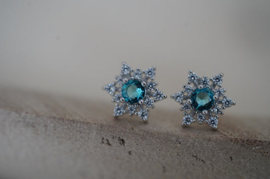 Schneeflocken Ohrringe Damen silber 925,blaue Eiskristalle Ohrstcker silber, Weihnachtsgeschenk