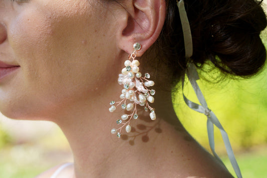 Braut Perlen Ohrringe rosegold, Boho Hochzeits Ohrringe Perlen Hänge Ohrringe Hochzeit