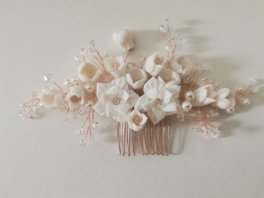 weise Blüten Zirkona Haarkamm Hochzeits Haarschmuck rosegold Braut Haarkamm weise Blumen