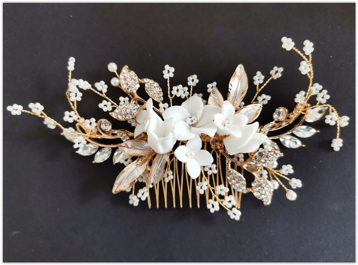 Braut Haarkamm rosegold,silber,gold, Hochzeits Haarkamm, Vintage Hochzeit, weise Blüten Haarkamm, Boho Hochzeit,